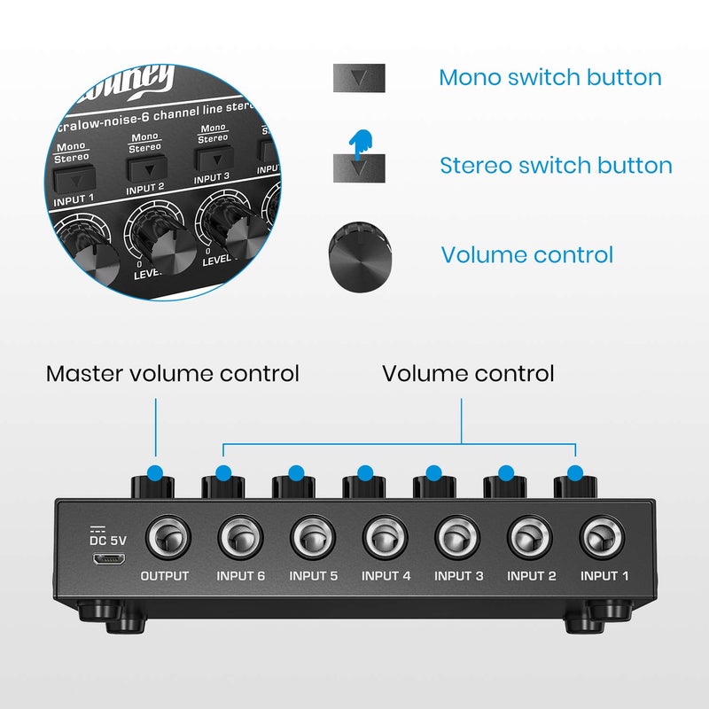 Moukey Audio Mixer, DC 5V, 6 Stereo Ultra, Low Noise 6 Channel Line Mixer for Sub-Mixing, for Small Clubs or Bars, As Guitars, Bass, Keyboards Mixer, MAMX2 - Image 4